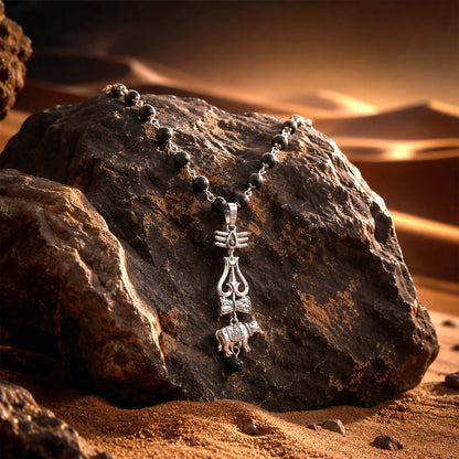 Silver-Tone Trishul Damru Pendant with Black Bead Chain Set