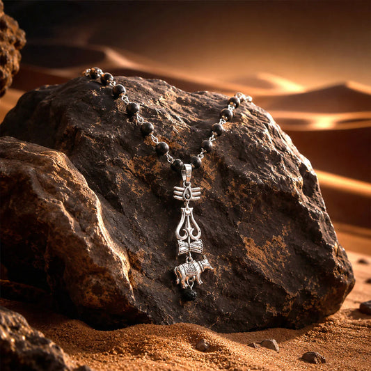 Silver-Tone Trishul Damru Pendant with Black Bead Chain Set