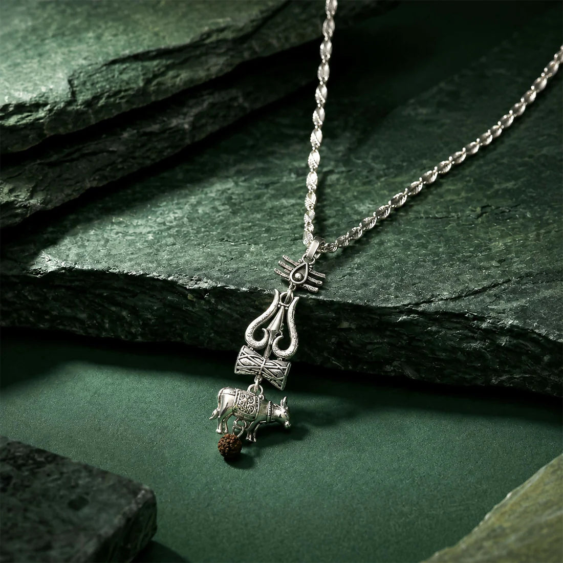 Silver-Tone Trishul Damru Pendant with Black Bead Chain Set