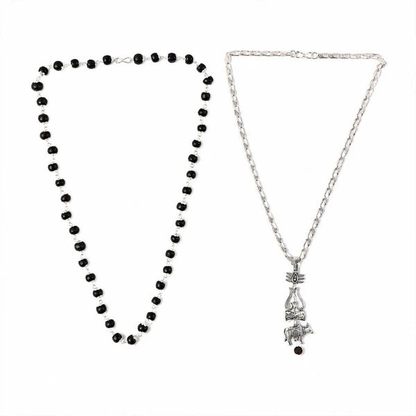 Silver-Tone Trishul Damru Pendant with Black Bead Chain Set