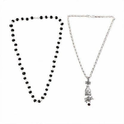 Silver-Tone Trishul Damru Pendant with Black Bead Chain Set